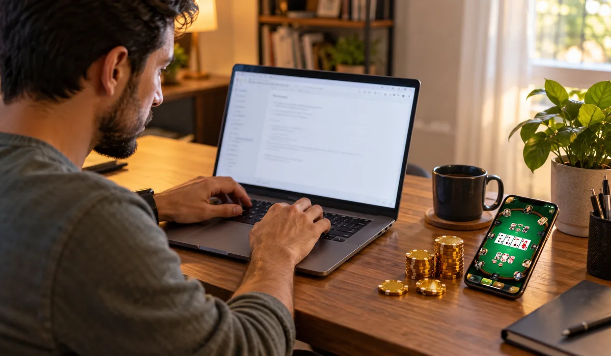 Laptop and phone on a desk with gold poker chips