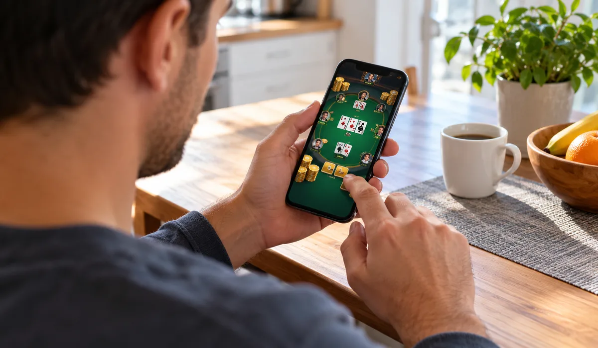 Tapping a reward link on a phone to open the poker game